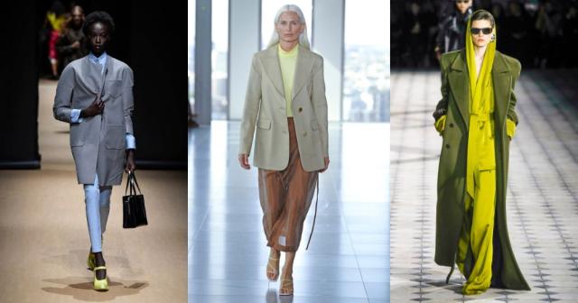 Modeller på catwalks iført outfits sammensat med color blocking