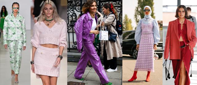 Runwaybilleder og streetstyle billeder med kvinder i matchende sæt i flotte farve og mønstre. Sæt bestående af bukser og bluse, bukser og jakke eller bluse og nederdel. 
